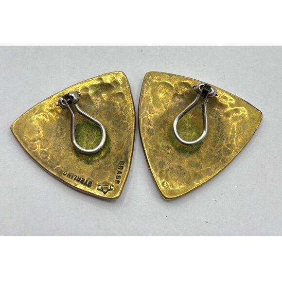 Jeep Collins Retired Hammered 925 Brass Clip-On Earrings Triangle Shape - Picture 2 of 10